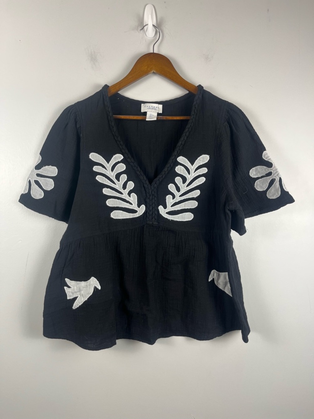 Calypso St. Barth Black white 100% cotton gauze peplum top size large